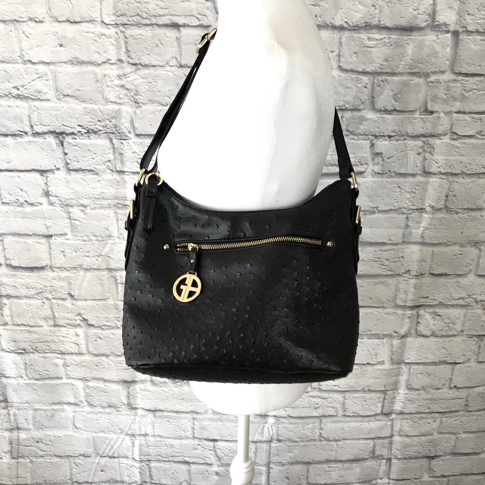 Giani Bernini Embossed Faux Ostrich Hobo Bag Purse Black Double Zip Closure NWOT